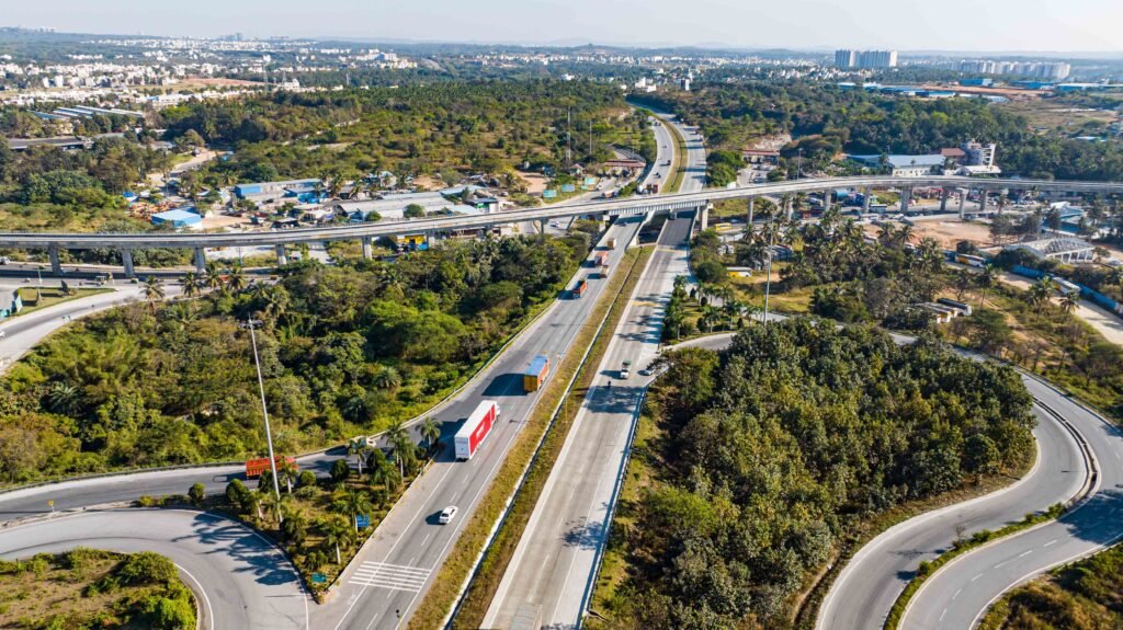 Outer Ring Road interchange with elevated expressway corridor and connecting highways